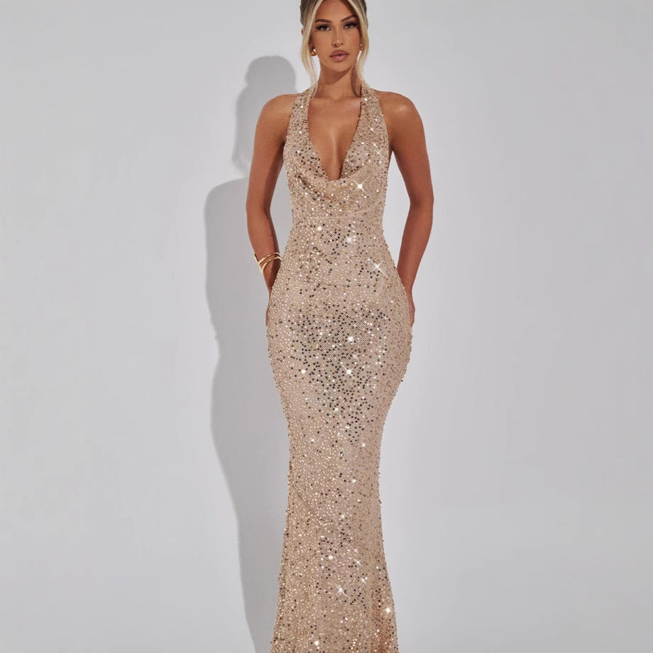 Damen Abendkleid mit glamourösem Paillettenbesatz und elegantem V-Ausschnitt WW