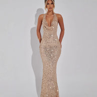 Damen Abendkleid mit glamourösem Paillettenbesatz und elegantem V-Ausschnitt WW
