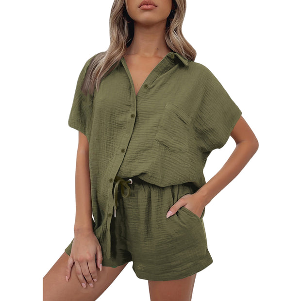 Damen lässiges Kurzarm-Hemd und Shorts Set aus strapazierfähigem Baumwollmaterial mit praktischen Taschen und elastischem Bund WW