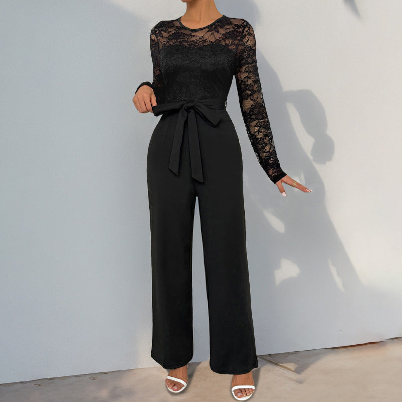 Damen Jumpsuit mit elegantem Spitzenoberteil und taillierbarem Gürtel W&W Mode