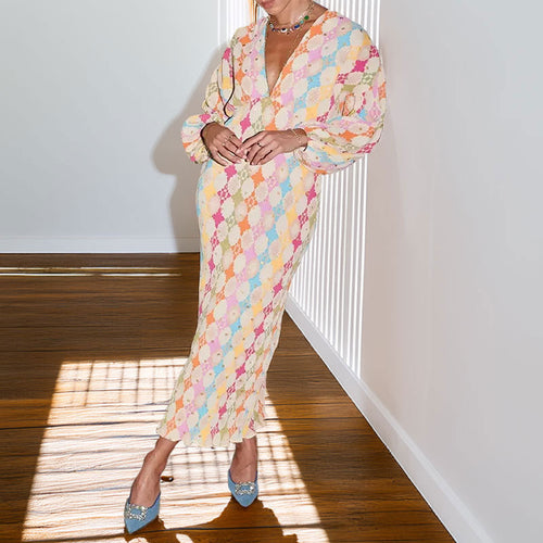 Damen Maxikleid mit auffälligem Rauten-Muster und voluminösenÄrmeln W&W Mode