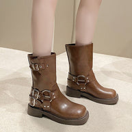 Damen Stiefel mit modischen Schnallen und rutschfester Sohle WW