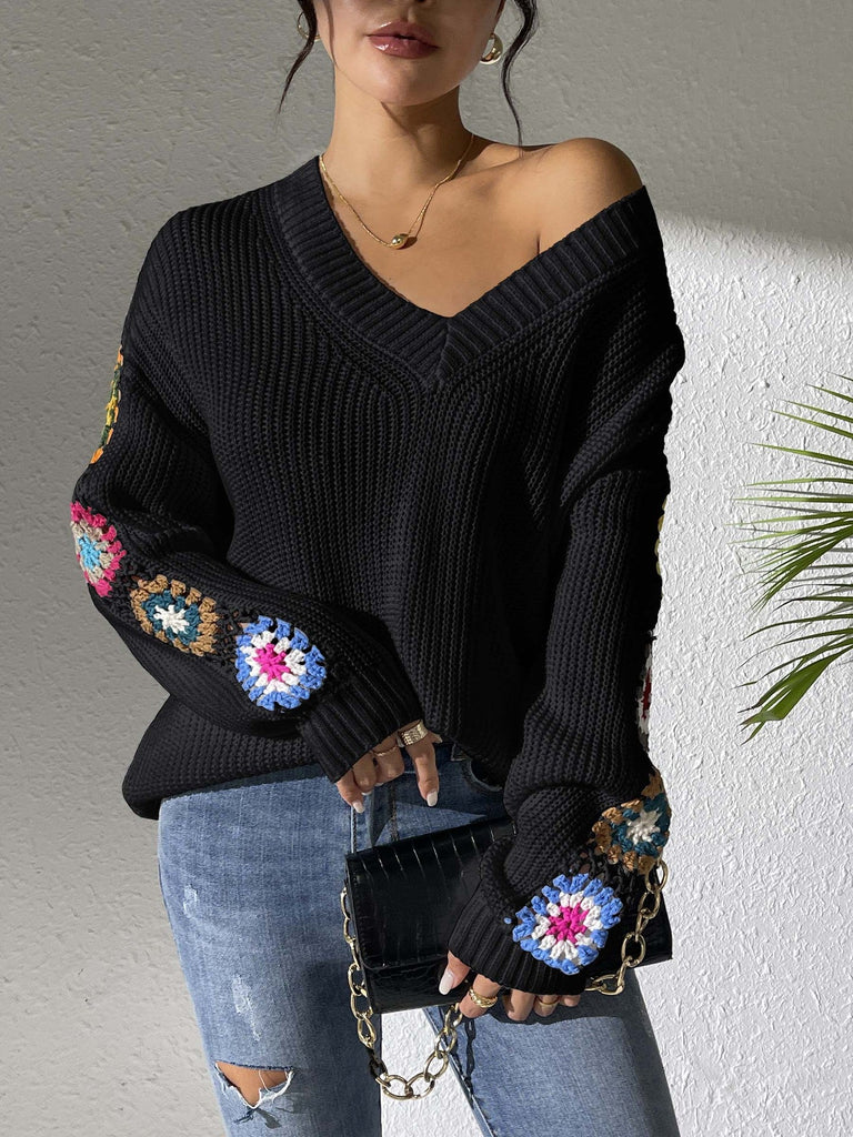WW | Boho Strickpulli Für Frauen Mit Gehäkelten Ärmeln in Floralen Mustern