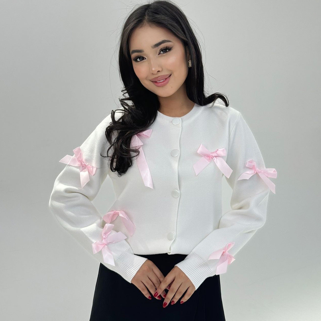 Damen raffinierte Strickjacke mit dekorativen Schleifen WW