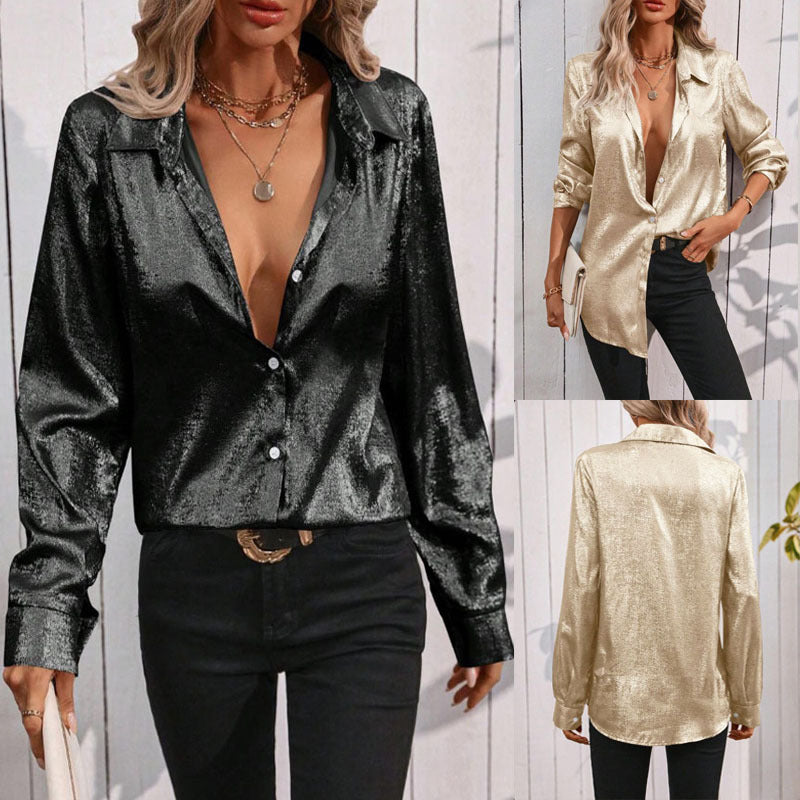 Damen glanzvolle Bluse mit elegantem V-Ausschnitt und feinem Knopfdetail W&W Mode