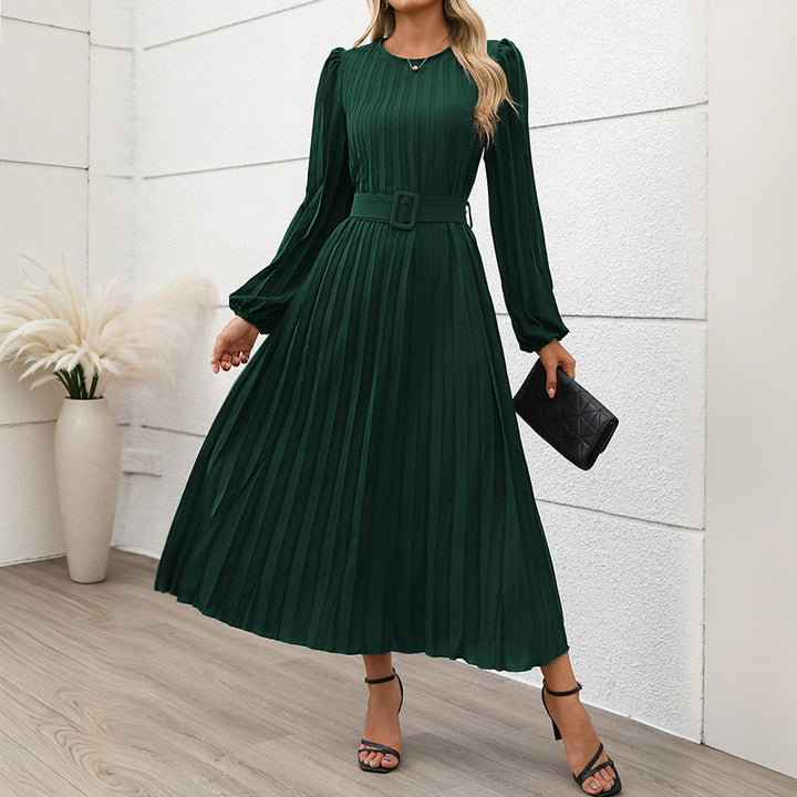 Damen Plisseekleid mit Taillengürtel und langen Ärmeln W&W Mode