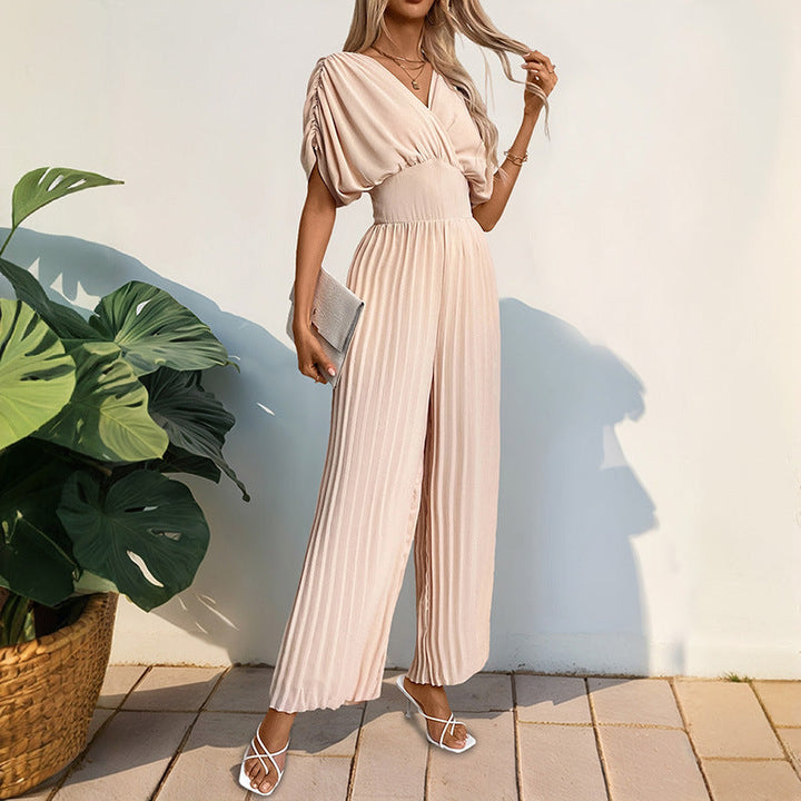 Damen Eleganter Jumpsuit mit tiefem V-Ausschnitt und voluminösen Ärmeln W&W Mode