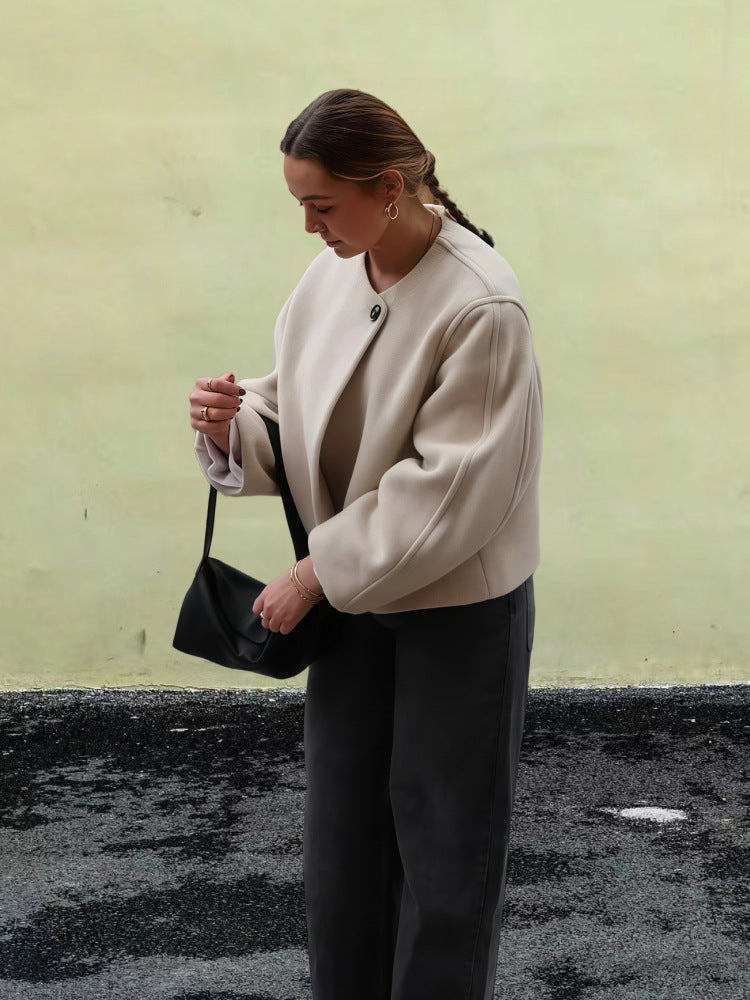 Damen Wickeljacke mit weiten Ärmeln und dekorativem Knopf WW