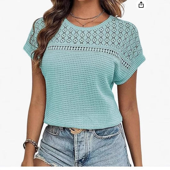 Damen kurzärmliges Strickoberteil mit dekorativem Lochmuster WW