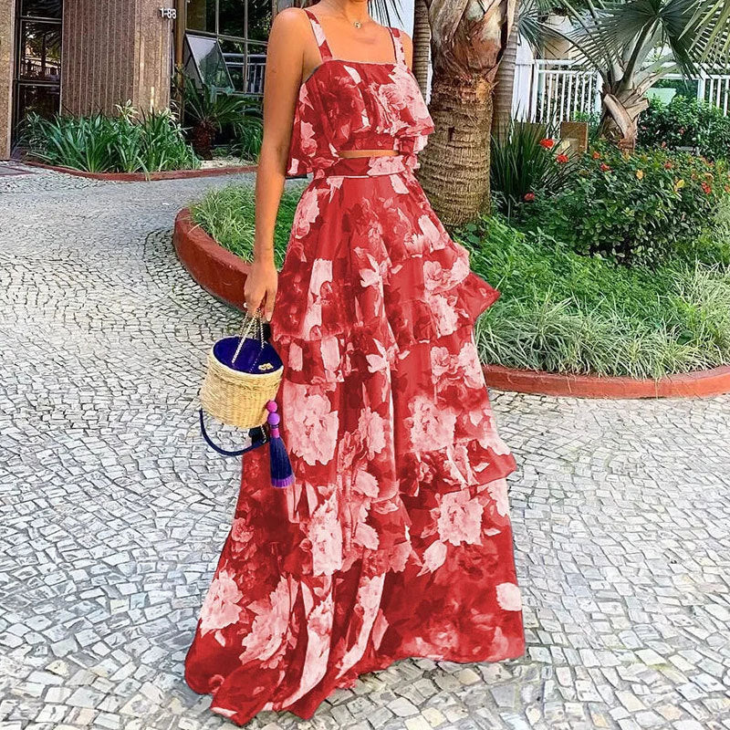Damen Maxi-Rock mit gestuftem Volant und floralem Design W&W Mode