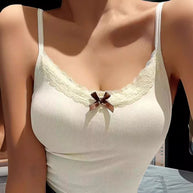Damen Spaghetti-Trägershirt mit Spitzenbesatz und Schleifendetail WW