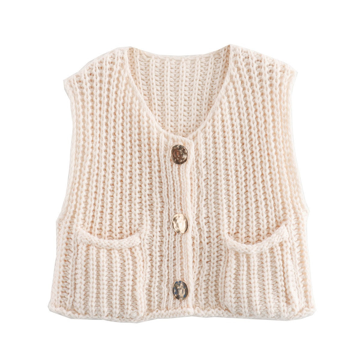 Damen Strickweste mit praktischen Taschen und dekorativen Holzknöpfen WW
