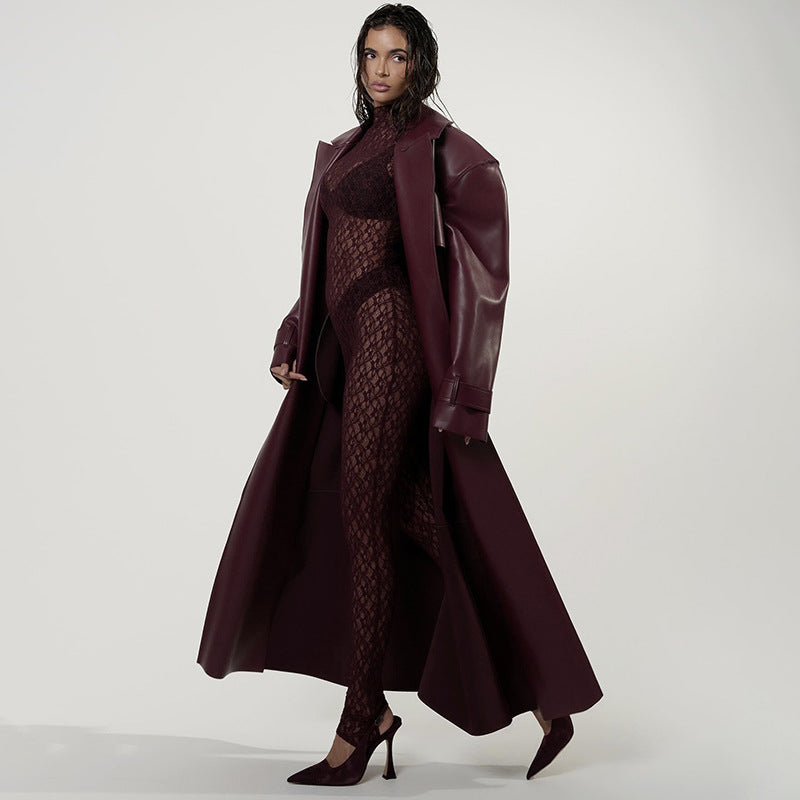 Damen Sheer Lace Body mit langen Ärmeln und hohem Kragen WW