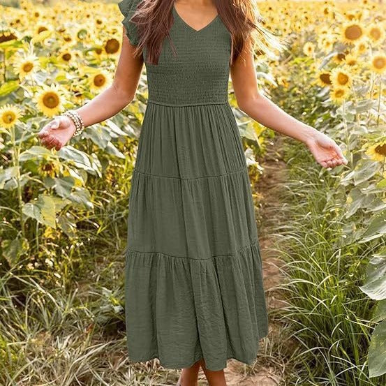 Damen Viskose Maxikleid mit voluminösen Rüschendetails und elastischem Taillenzug WW