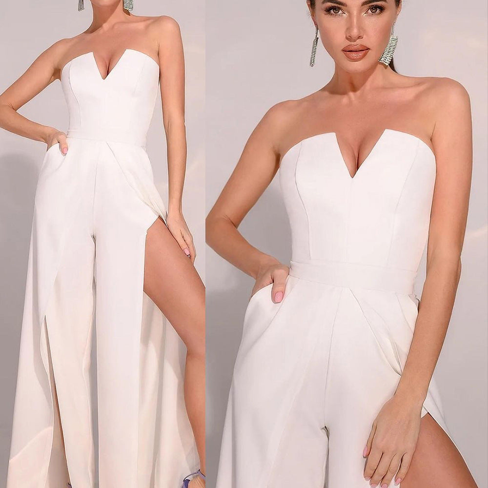 Damen Elegantes Trägerloses Jumpsuit mit weit ausgestellten Beinen und Taschen WW