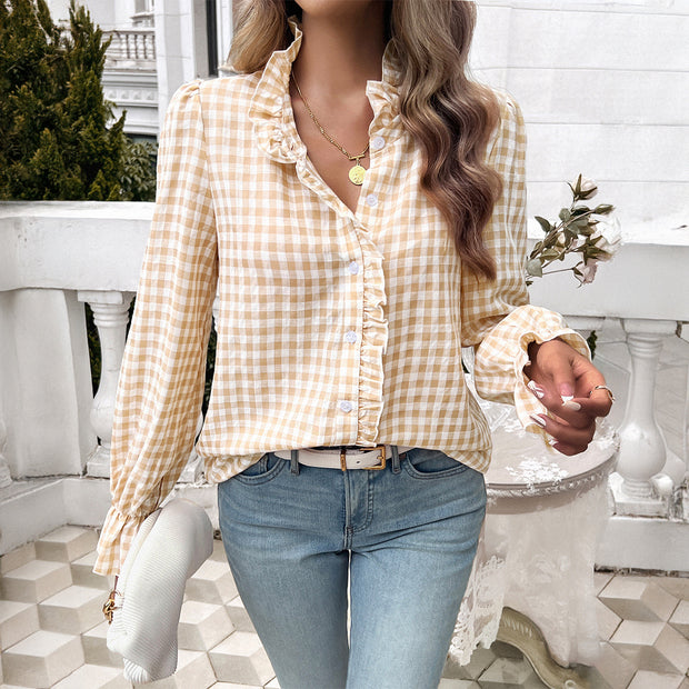 Damen Karierte Bluse mit Rüschendetails und Knopfleiste WW