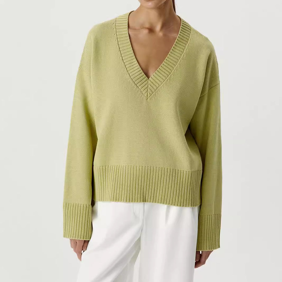 Damen Strickpullover mit tiefem V-Ausschnitt und lässigem Schnitt WW