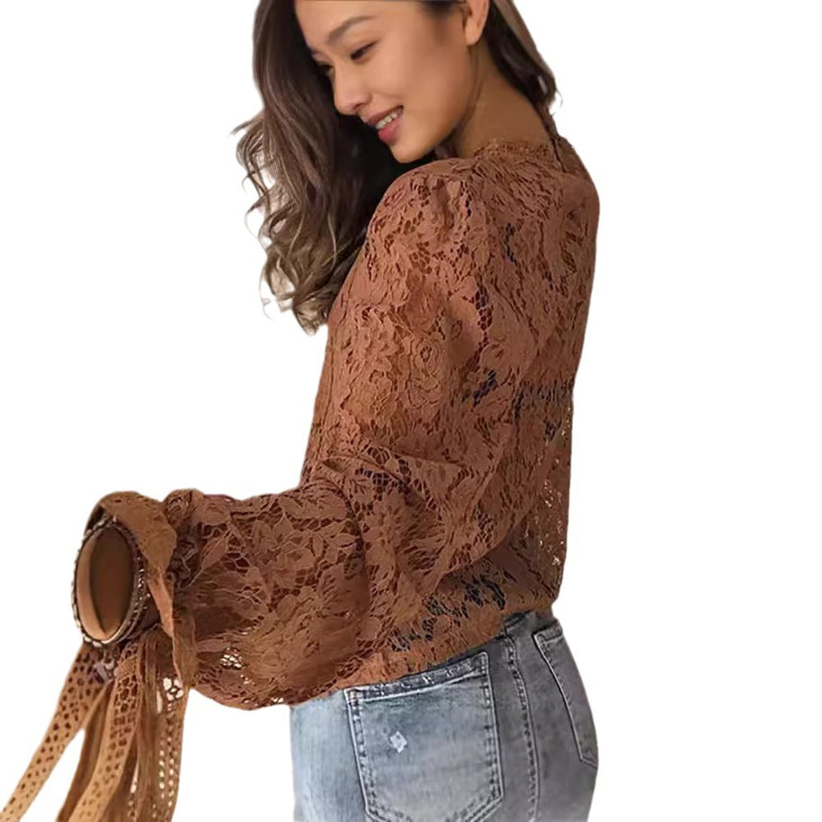 Damen Spitzenoberteil mit elegantem Blumenmuster und langen Ärmeln WW