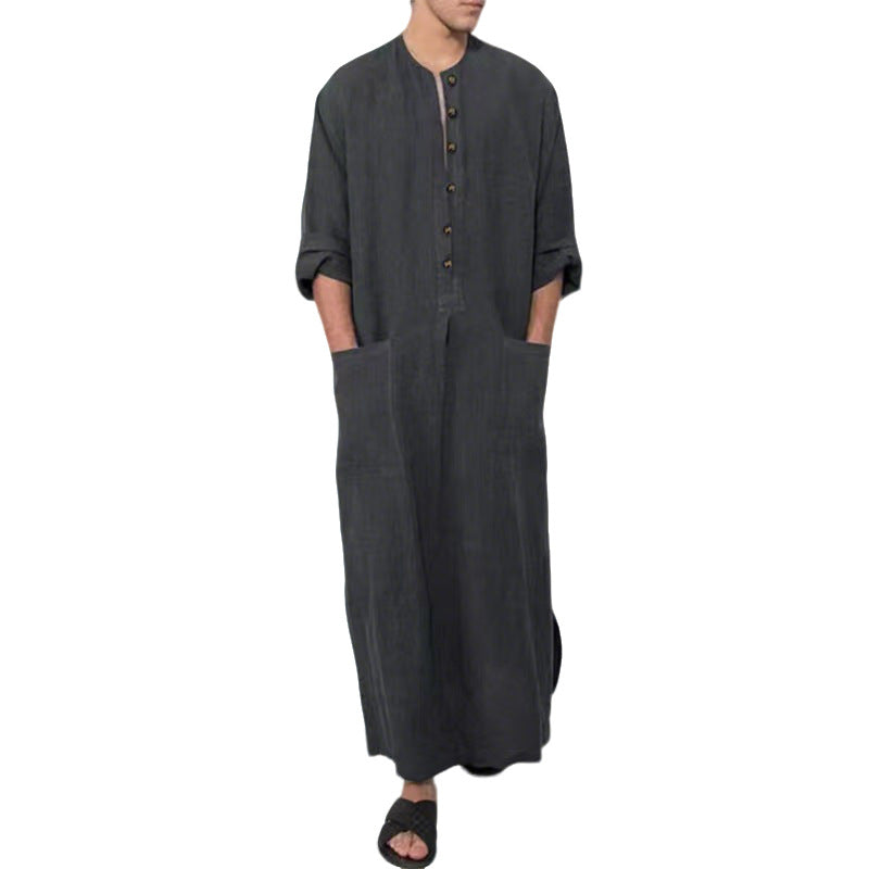 Herren nan weites langes Tunika-Kaftan aus atmungsaktivem Leinen mit Stehkragen Knopfblende und aufgesetzten Taschen W&W Mode