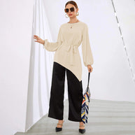 Damen asymmetrisches Blusenoberteil mit eleganten Rüschen und modischem Taillengürtel W&W