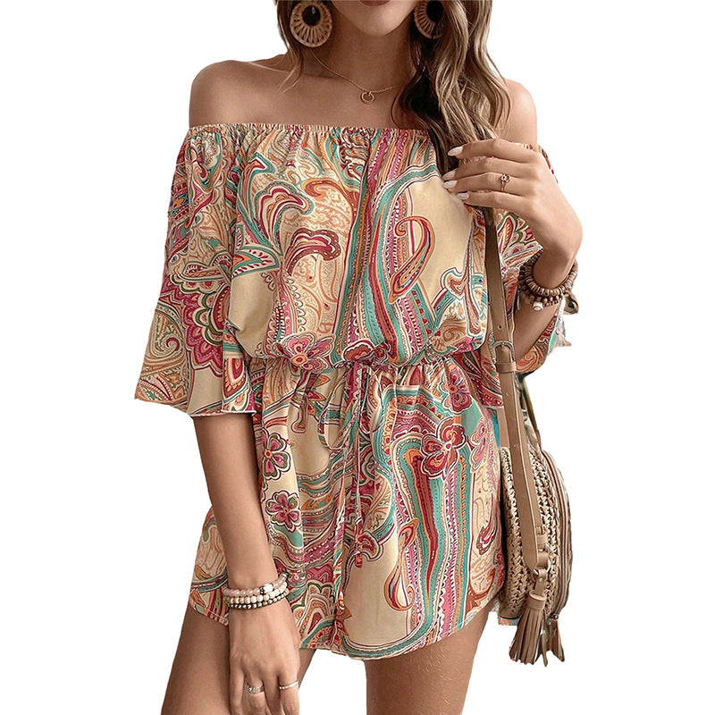 Damen Off-Shoulder Playsuit mit verspieltem Paisley-Muster und elastischem Taillenzug WW