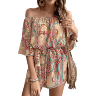 Damen Off-Shoulder Playsuit mit verspieltem Paisley-Muster und elastischem Taillenzug WW