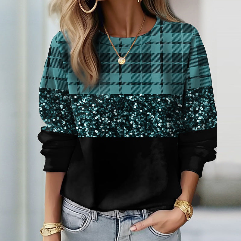 Damen Glitzer-Sweatshirt mit Karomuster und lässigem Schnitt W&W Mode