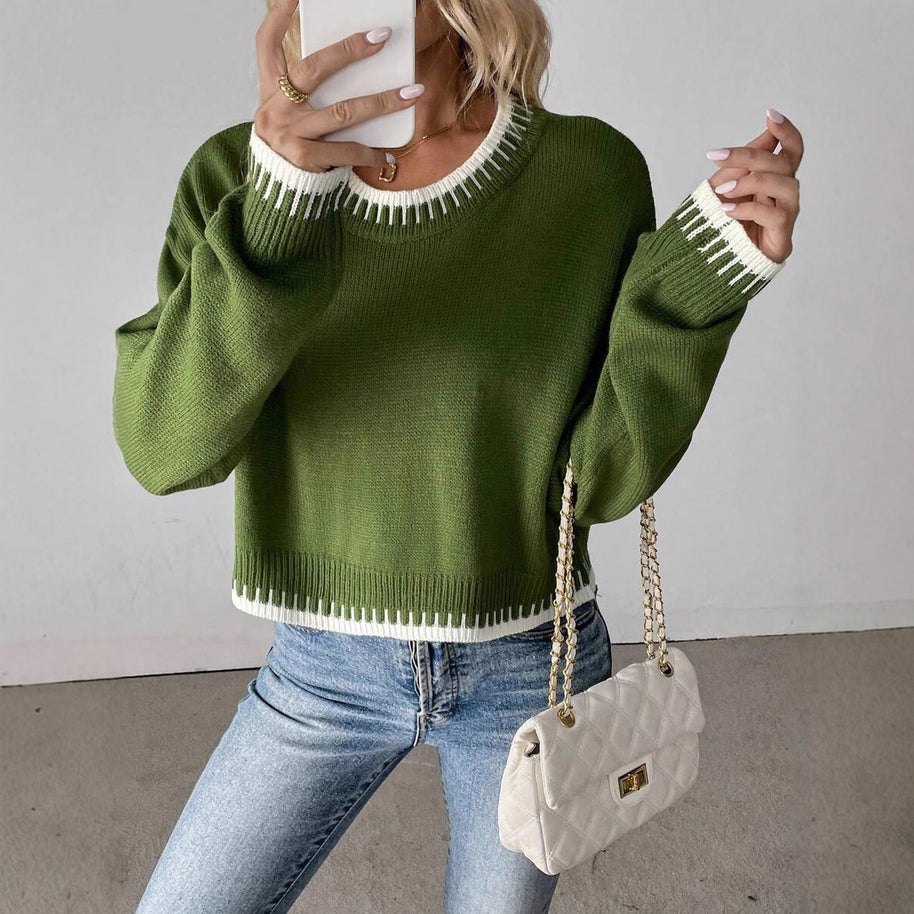 Damen Bequemer Strickpullover mit modischem Rundhalsausschnitt und farblich abgesetzten Details WW