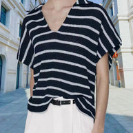Damen Strickoberteil mit elegantem Kragen und modischem Streifenmuster WW