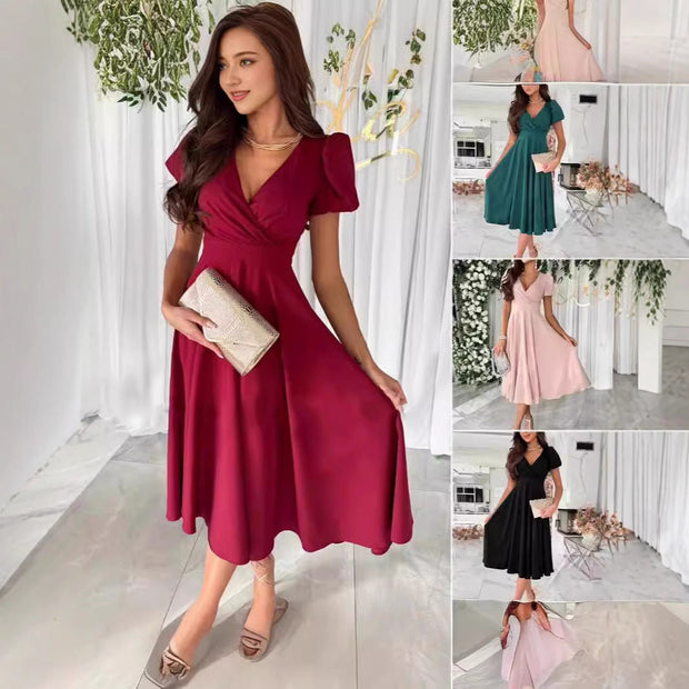 WW | Pendeln Einfarbig Taillierendes Puffärmel Ausgestelltes Kleid