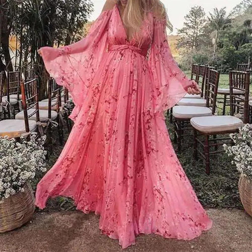 Damen Maxikleid mit schwingenden Ärmeln und floralem Muster W&W Mode
