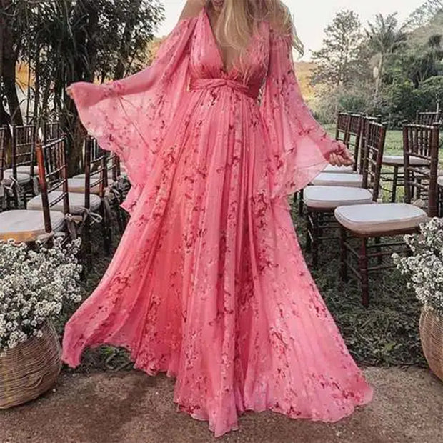 Damen Maxikleid mit schwingenden Ärmeln und floralem Muster WW