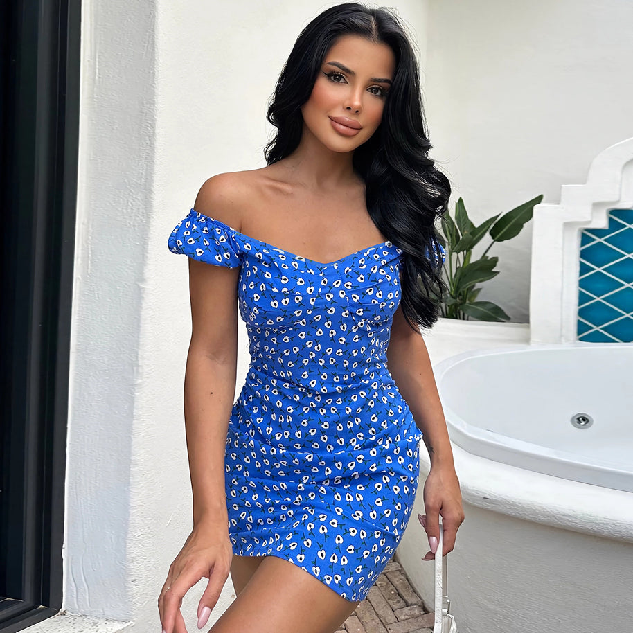 Damen Blütenmuster Mini-Kleid mit Puffärmeln WW