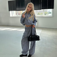 Damen Sportlicher Freizeitanzug mit floralem Muster und hohem Kragen WW