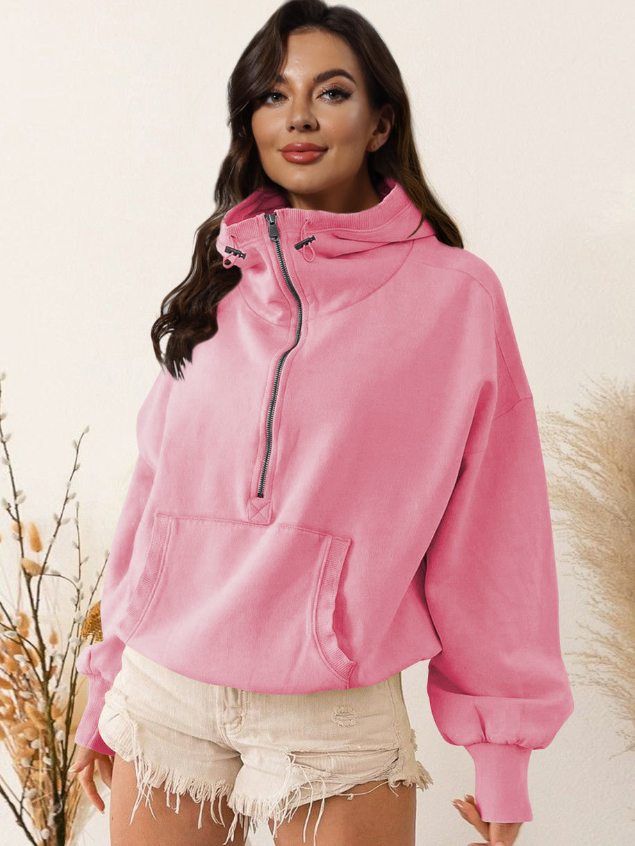 Damen sportlicher Kapuzenpullover mit halbem Reißverschluss und funktionalen Taschen WW