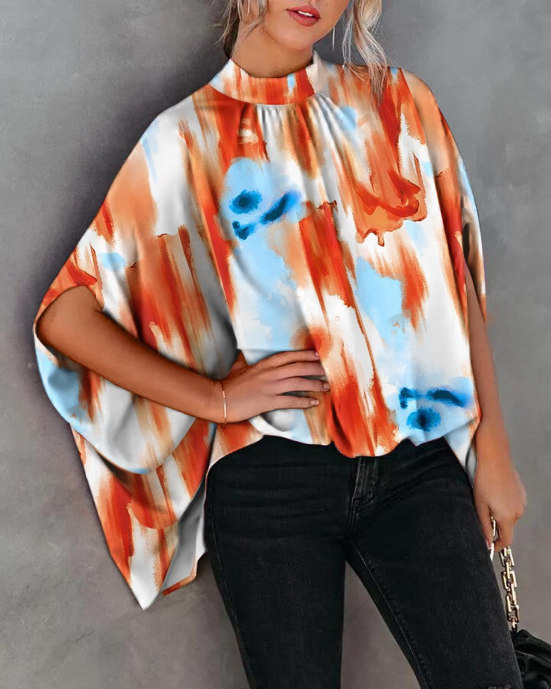 Damen elegante Tunika mit hohem Kragen und weiten Ärmeln WW