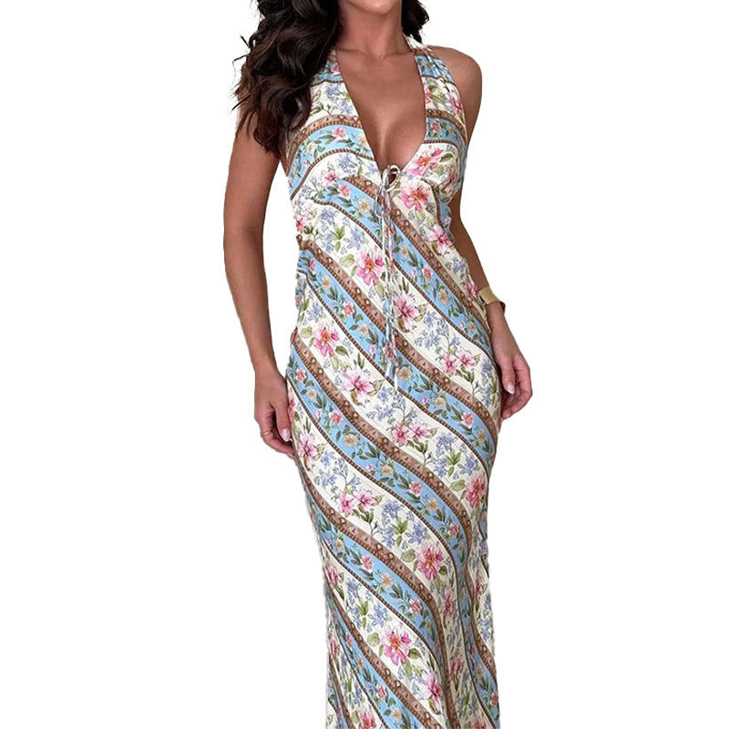 Damen Maxikleid mit hochwertigem floralem Design und bindbarem Nacken W&W Mode