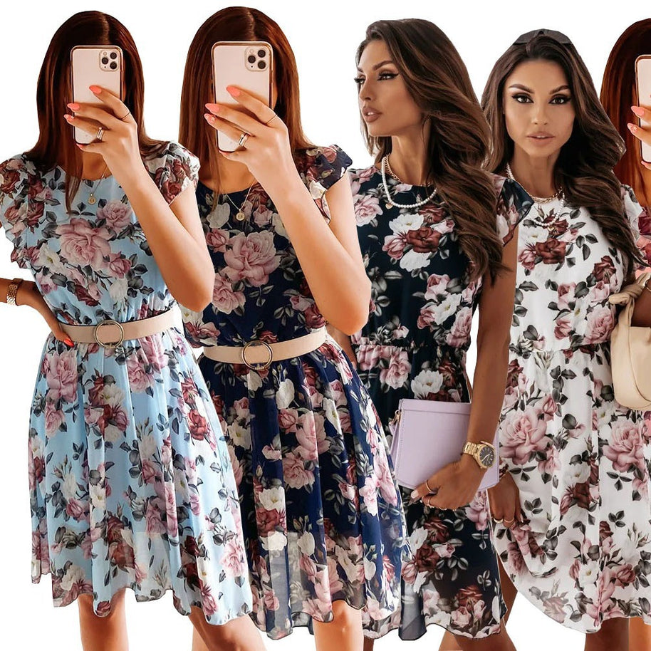 Damen Sommerkleid mit zarten Rüschendetails und Taillengürtel WW