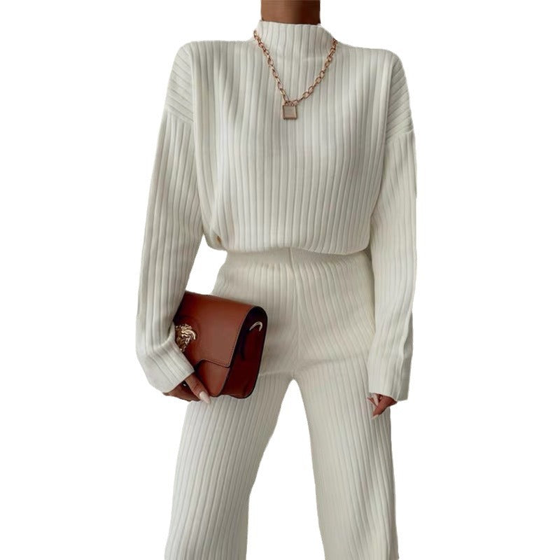 Damen Strick-Loungewear-Set mit hohem Kragen und weitem Bein WW