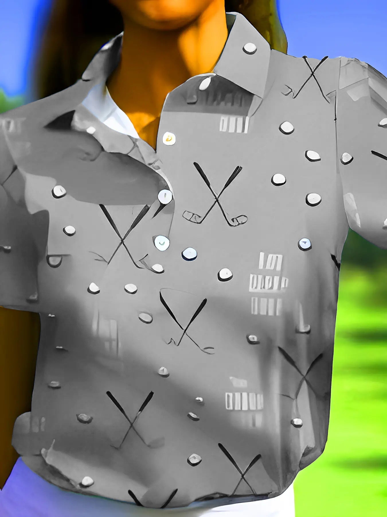 Damen Kurzarm-Hemd mit modischem Golf-Print und komfortablem Schnitt WW