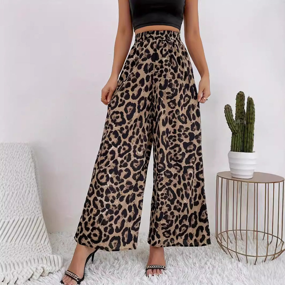 Damen Weite Leopard-Hosen aus fließendem Material mit elastischem Bund WW