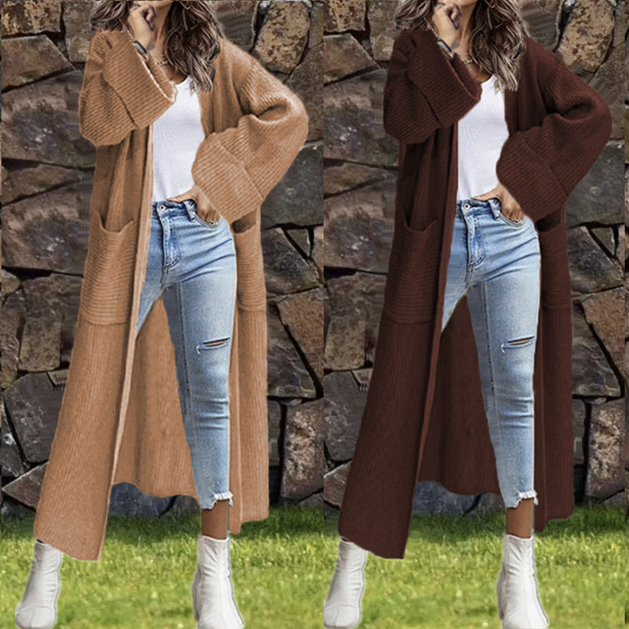 Damen Lange Strickjacke mit modischer Struktur und praktischen Taschen WW