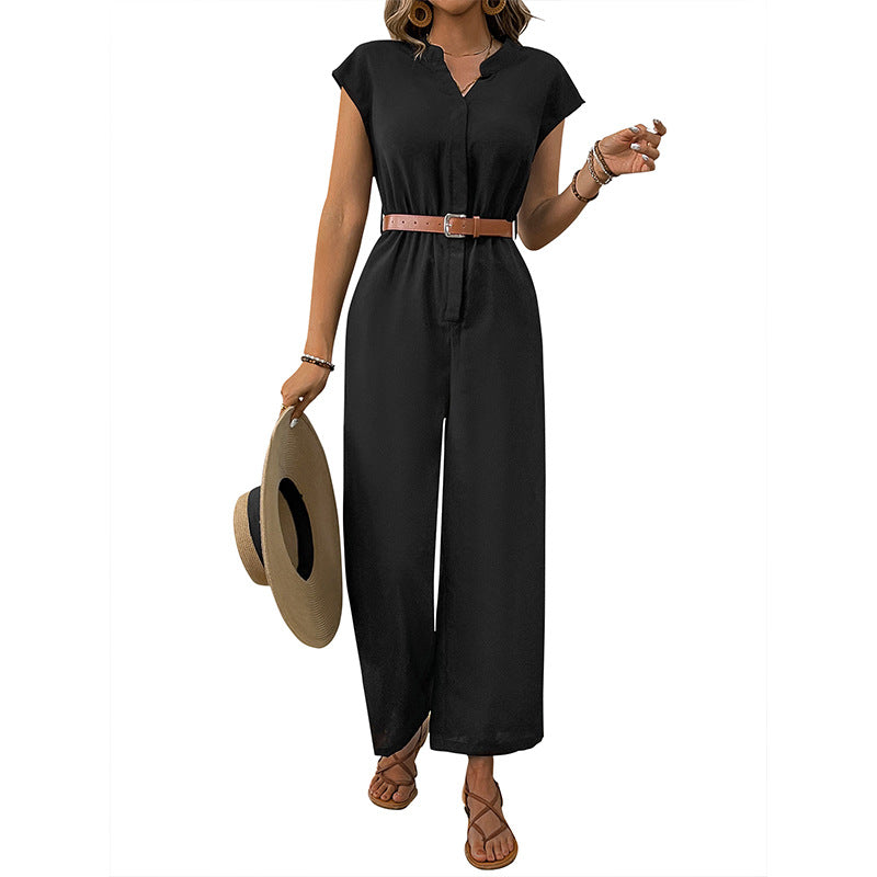 Damen Jumpsuit mit elegantem Taillengürtel und modernem V-Ausschnitt WW