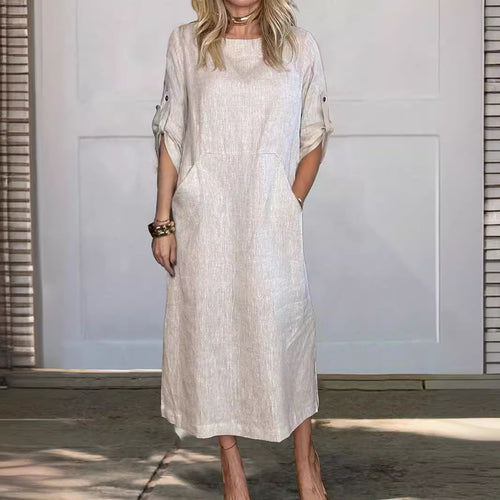 Damen lässiges Leinenkleid mit praktischen Taschen und modischen Knopfdetails WW