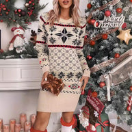 Damen Strickkleid mit festlichem Norweger-Muster und modernem Schnitt WW