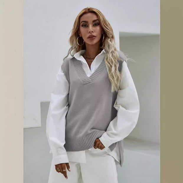 Damen Strickweste mit V-Ausschnitt und geripptem Saum WW