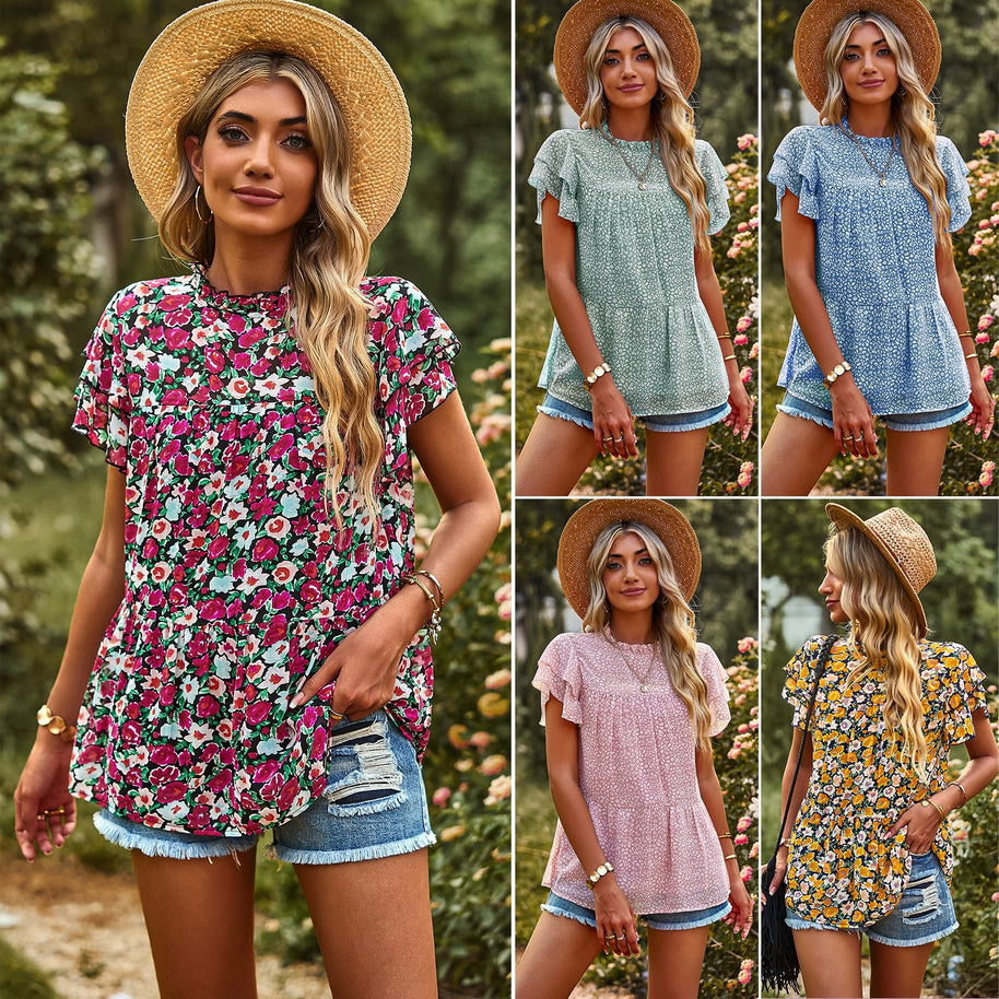 Damen beschwingtes Blusenshirt mit Rüschendetails und floralem Design WW