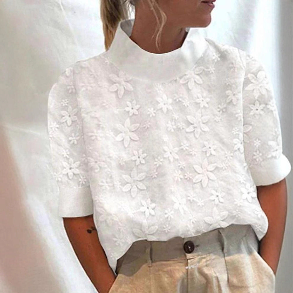 Damen nan leichte bestickte Bluse mit Stehkragen und dreidimensionaler Blütenapplikation W&W Mode