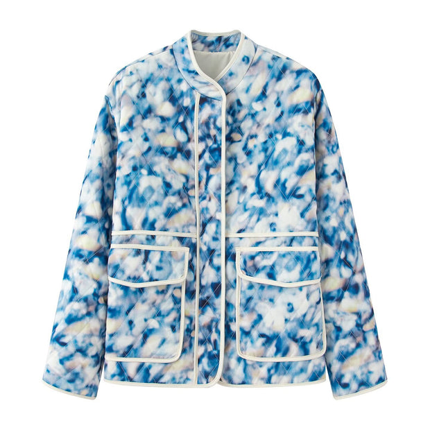 Damen außergewöhnliche Steppjacke mit floralen Mustern und praktischen Taschen WW