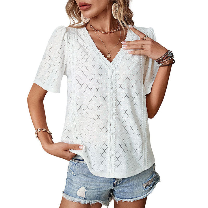 Damen Bluse mit eleganten Puffärmeln und feinem Lochmuster W&W Mode